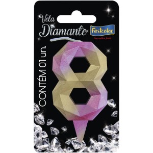 Vela Diamante Rosa Dourada Nº8 Com 10 Unidades