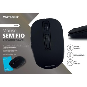 Mouse Optico Sem Fio 1600dpi 2.4ghz Preto Recarreg.-087286-16757