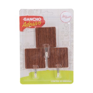 Gancho Adesivo Wood Quadrado Com 3 Pçs-839554