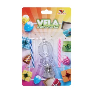 Vela Acrílica Com Luz Nº 9 + 2 Velas Bastão-842522