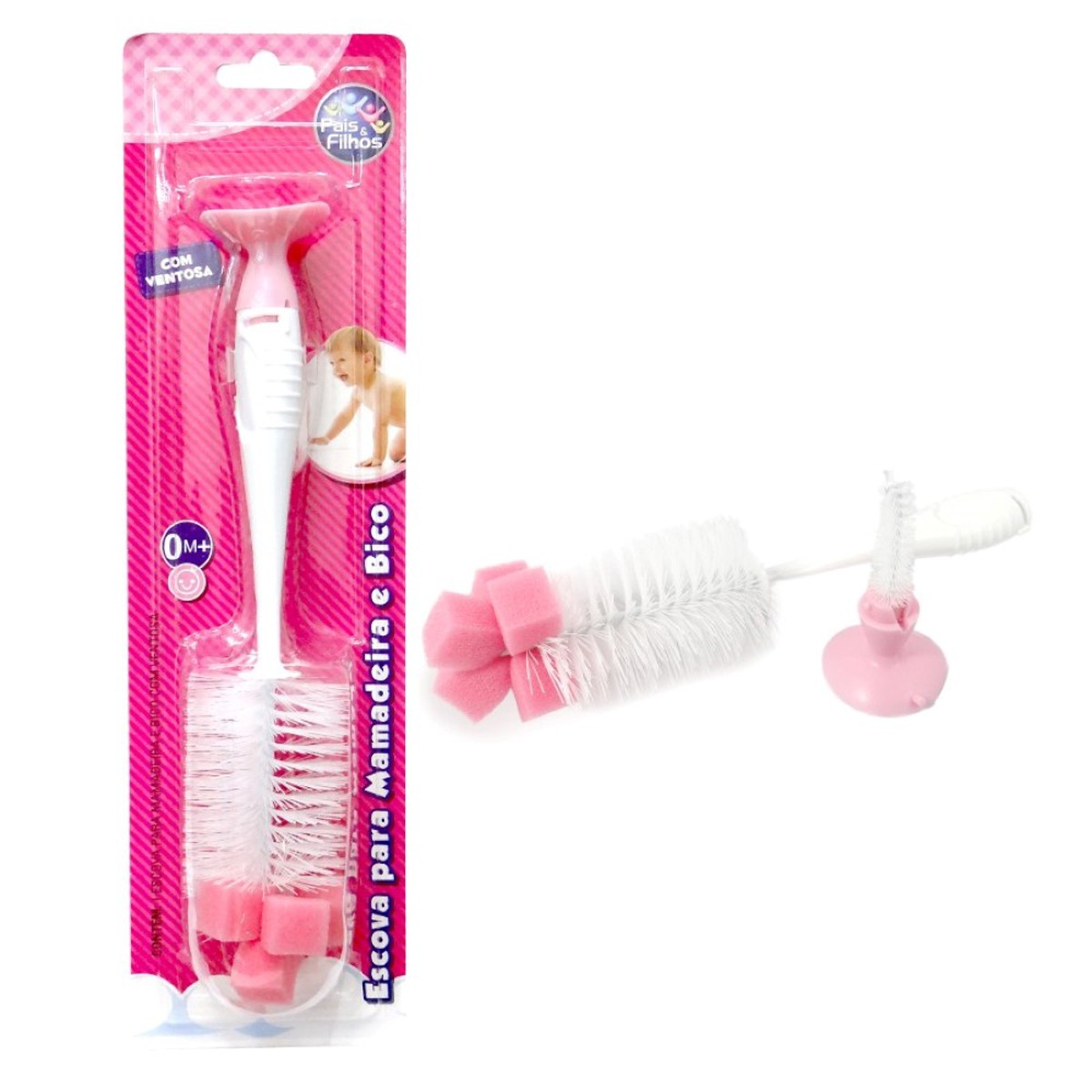 Escova para mamadeira e bico rosa com ventosa para fixação-7763-14475