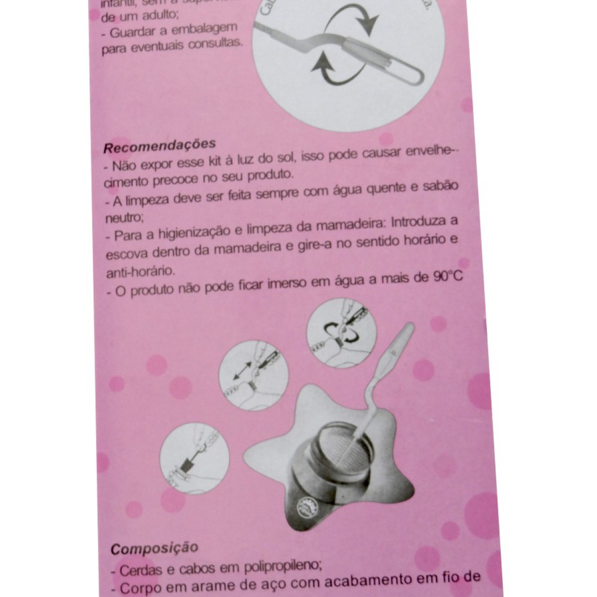Escova para mamadeira e bico rosa com cabo giratório-7780-97920