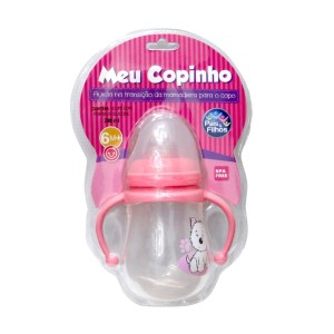 Copo Rosa Com Alça Estampado 280ml Com Bico De Silicone