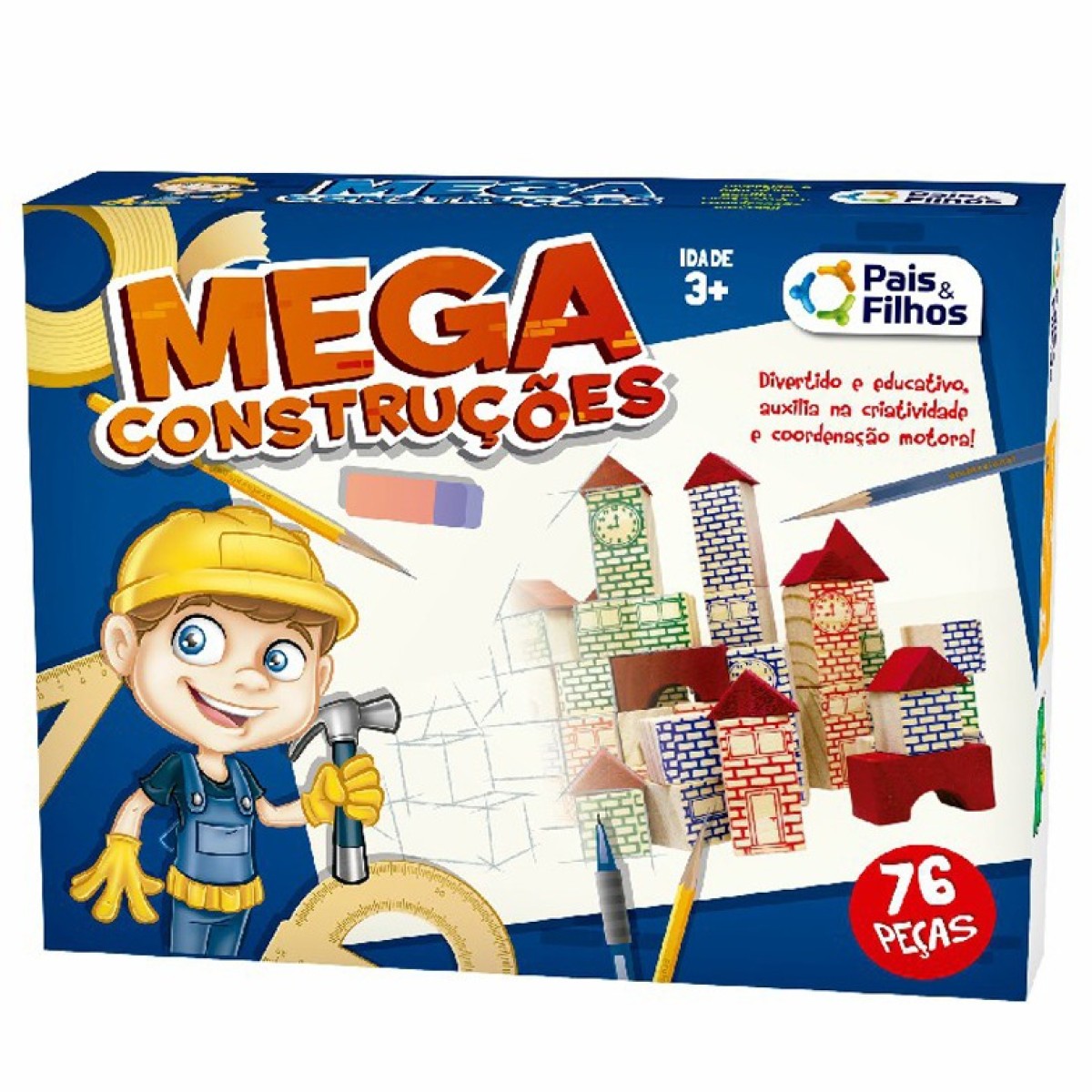Kit mega construções 76 peças com bloquinhos de madeira-7395-16479